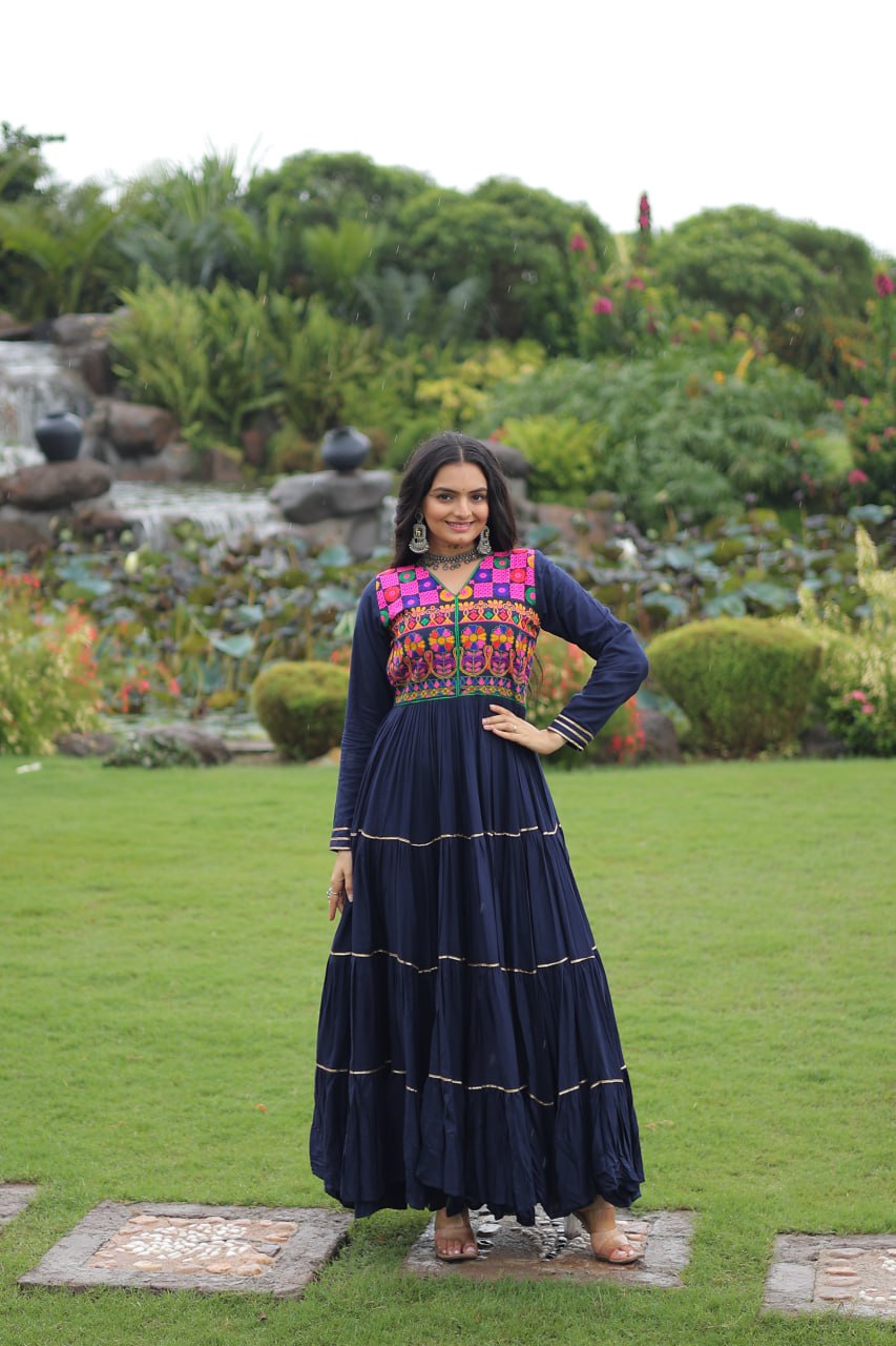 Navy Blue Navratri Special 14 Kg Reyon Gown with Kutchi Gamthi & Mirror Hand Work – 4-Layer Frill, 10+ Meter Flair ClothsVilla