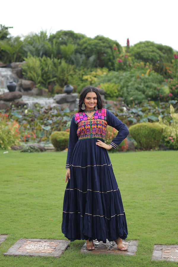 Navy Blue Navratri Special 14 Kg Reyon Gown with Kutchi Gamthi & Mirror Hand Work – 4-Layer Frill, 10+ Meter Flair ClothsVilla