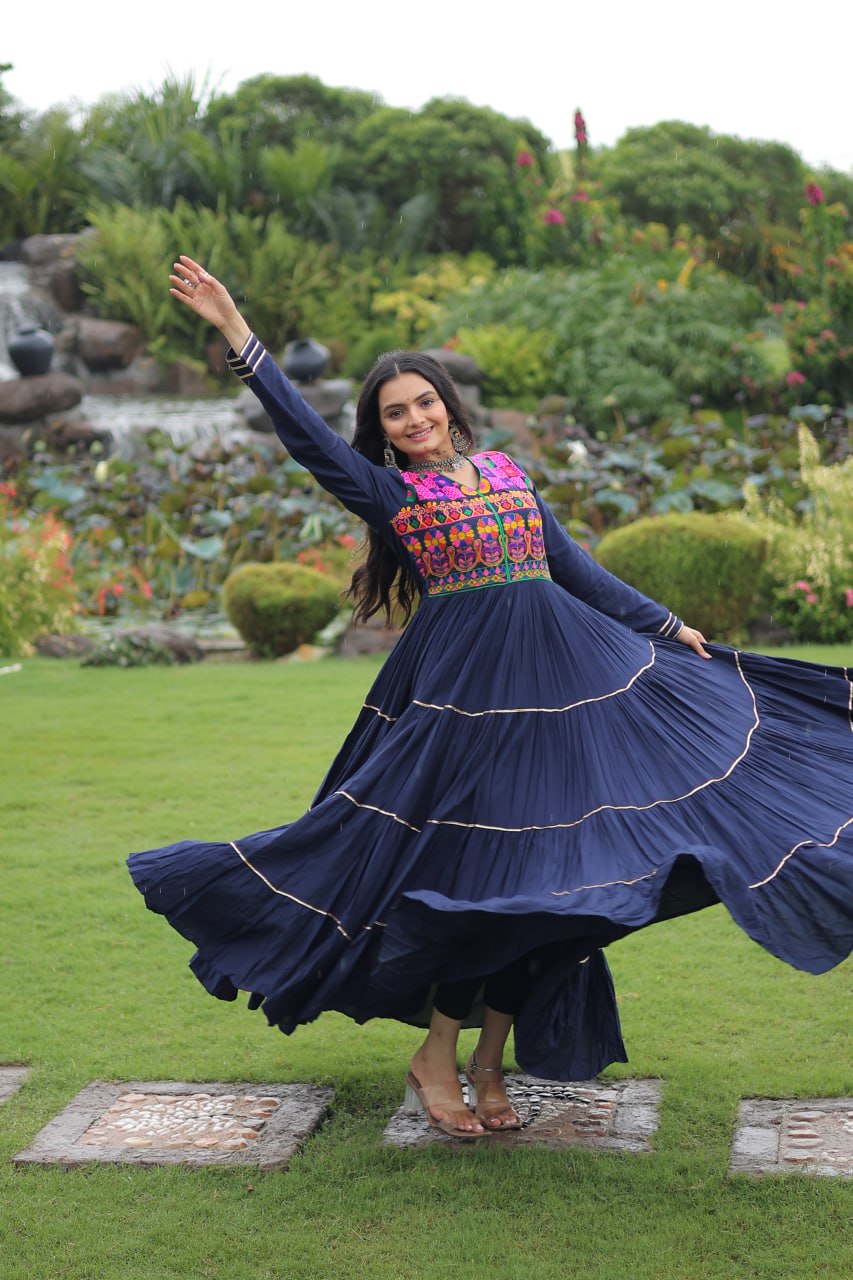 Navy Blue Navratri Special 14 Kg Reyon Gown with Kutchi Gamthi & Mirror Hand Work – 4-Layer Frill, 10+ Meter Flair ClothsVilla