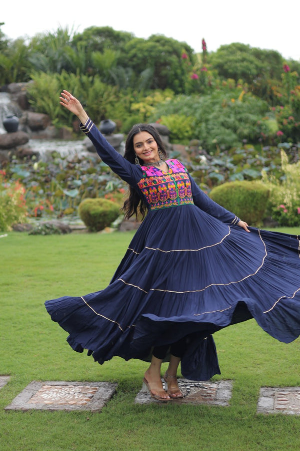 Navy Blue Navratri Special 14 Kg Reyon Gown with Kutchi Gamthi & Mirror Hand Work – 4-Layer Frill, 10+ Meter Flair ClothsVilla