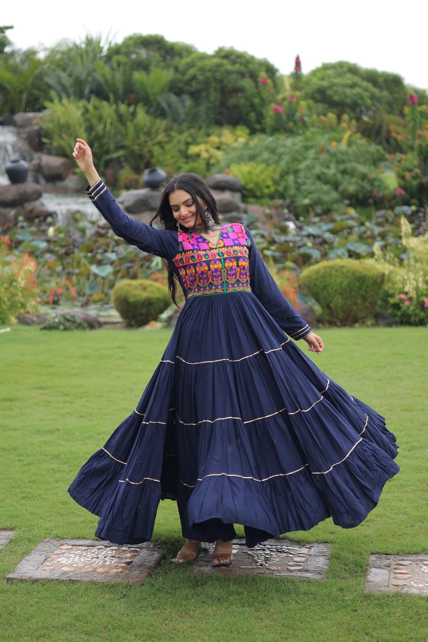 Navy Blue Navratri Special 14 Kg Reyon Gown with Kutchi Gamthi & Mirror Hand Work – 4-Layer Frill, 10+ Meter Flair ClothsVilla