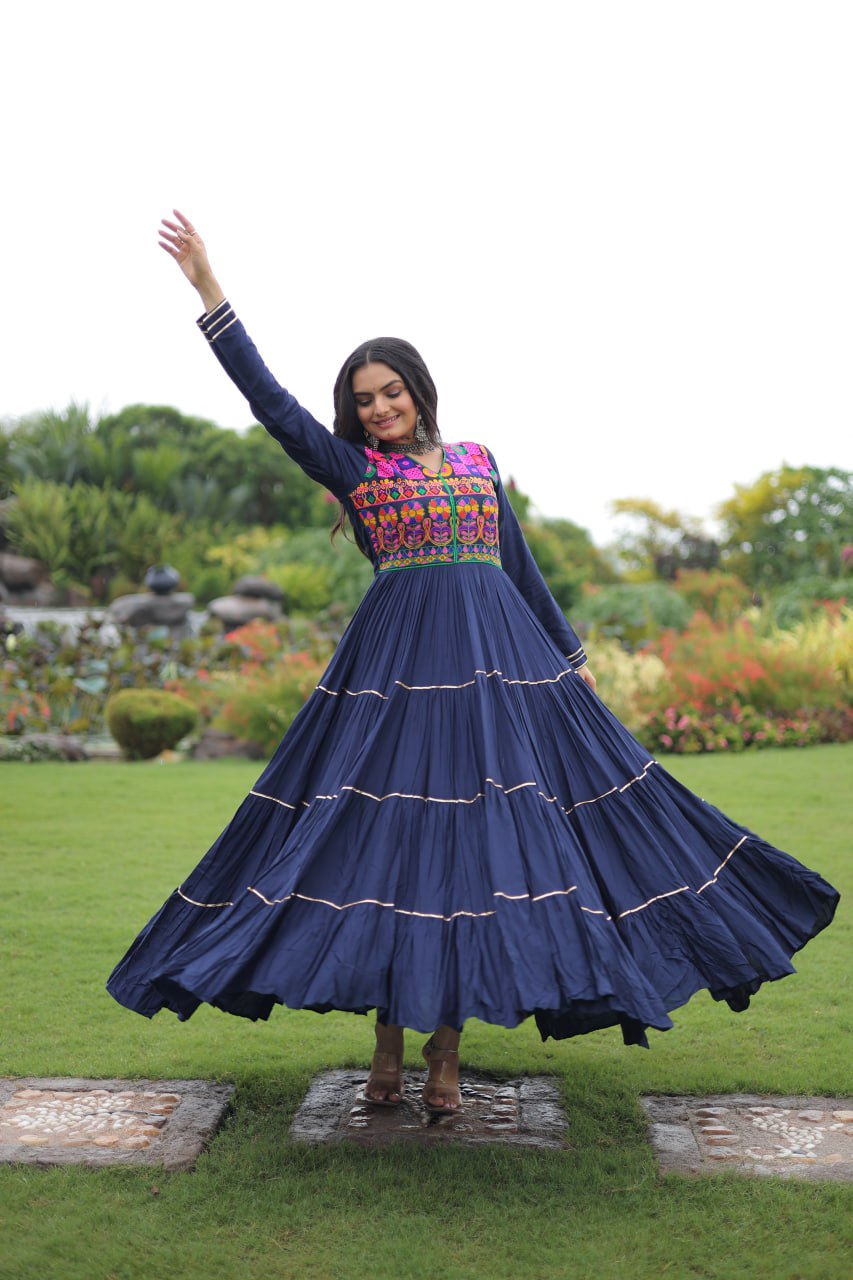 Navy Blue Navratri Special 14 Kg Reyon Gown with Kutchi Gamthi & Mirror Hand Work – 4-Layer Frill, 10+ Meter Flair ClothsVilla