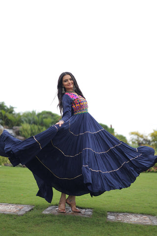 Navy Blue Navratri Special 14 Kg Reyon Gown with Kutchi Gamthi & Mirror Hand Work – 4-Layer Frill, 10+ Meter Flair ClothsVilla