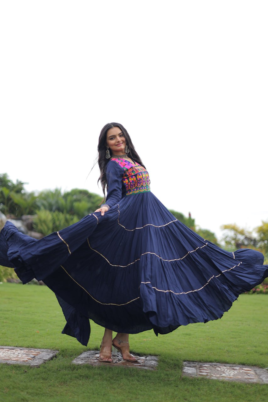 Navy Blue Navratri Special 14 Kg Reyon Gown with Kutchi Gamthi & Mirror Hand Work – 4-Layer Frill, 10+ Meter Flair ClothsVilla