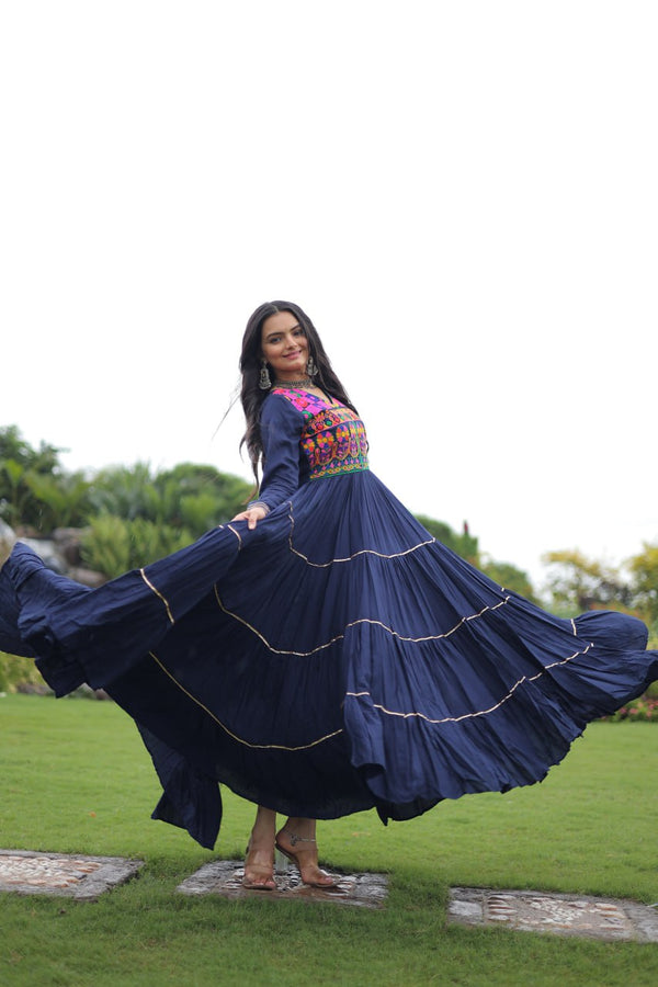 Navy Blue Navratri Special 14 Kg Reyon Gown with Kutchi Gamthi & Mirror Hand Work – 4-Layer Frill, 10+ Meter Flair ClothsVilla