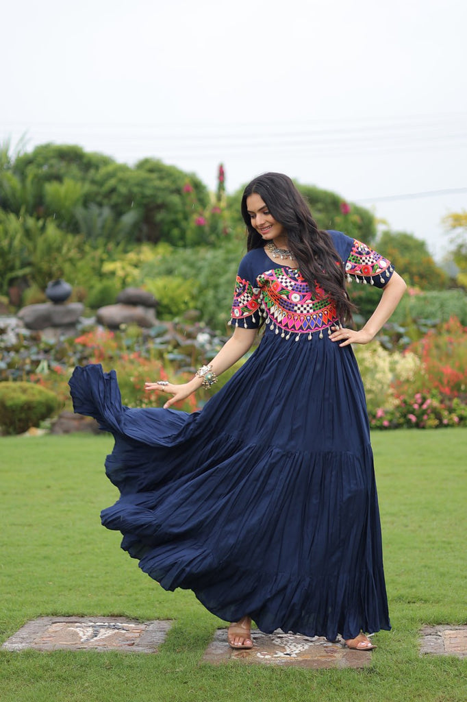 Navy Blue Navratri Special Kutchi Gamthi Work Rayon Gown with 3-Layer Frill & Cotton Lining ClothsVilla