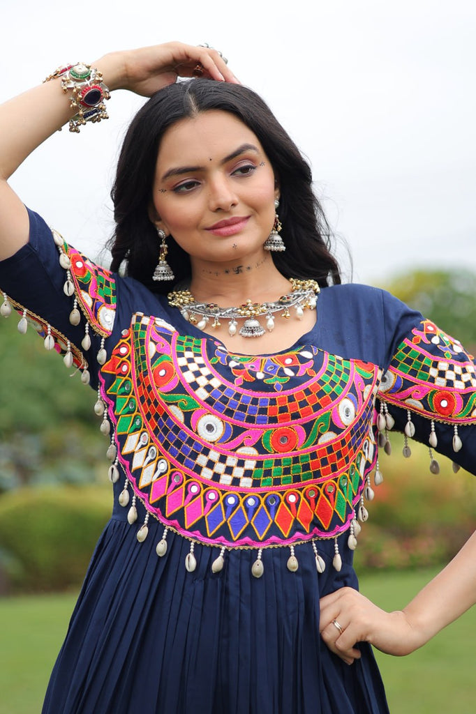 Navy Blue Navratri Special Kutchi Gamthi Work Rayon Gown with 3-Layer Frill & Cotton Lining ClothsVilla