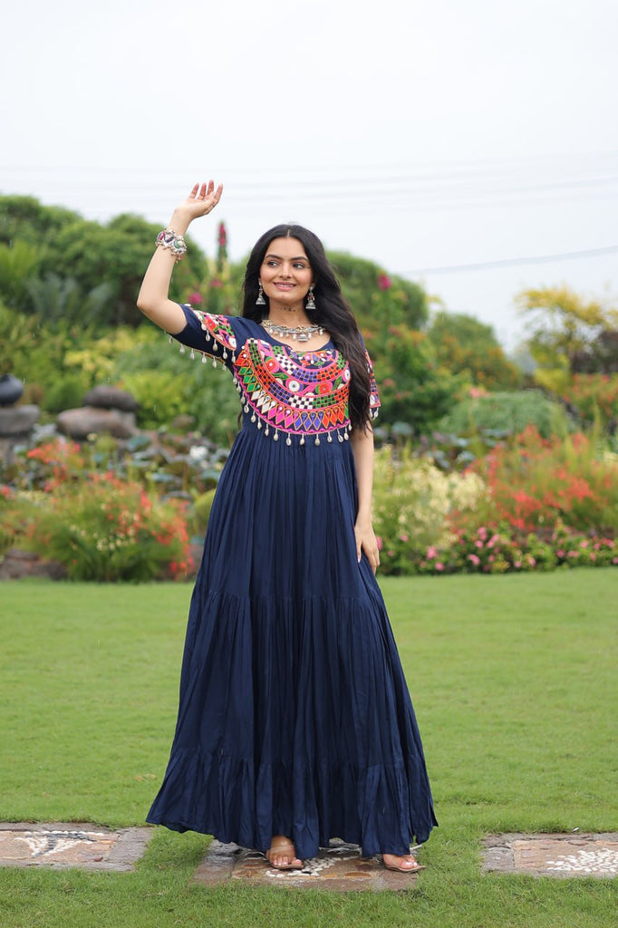 Navy Blue Navratri Special Kutchi Gamthi Work Rayon Gown with 3-Layer Frill & Cotton Lining ClothsVilla