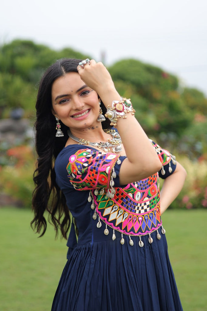 Navy Blue Navratri Special Kutchi Gamthi Work Rayon Gown with 3-Layer Frill & Cotton Lining ClothsVilla