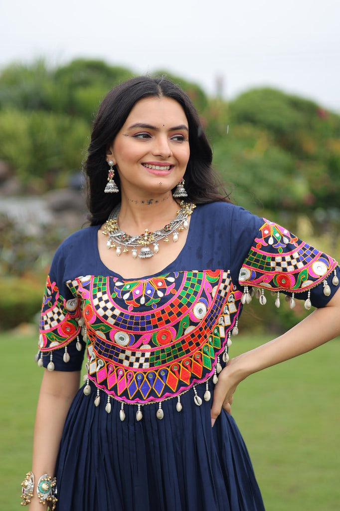 Navy Blue Navratri Special Kutchi Gamthi Work Rayon Gown with 3-Layer Frill & Cotton Lining ClothsVilla