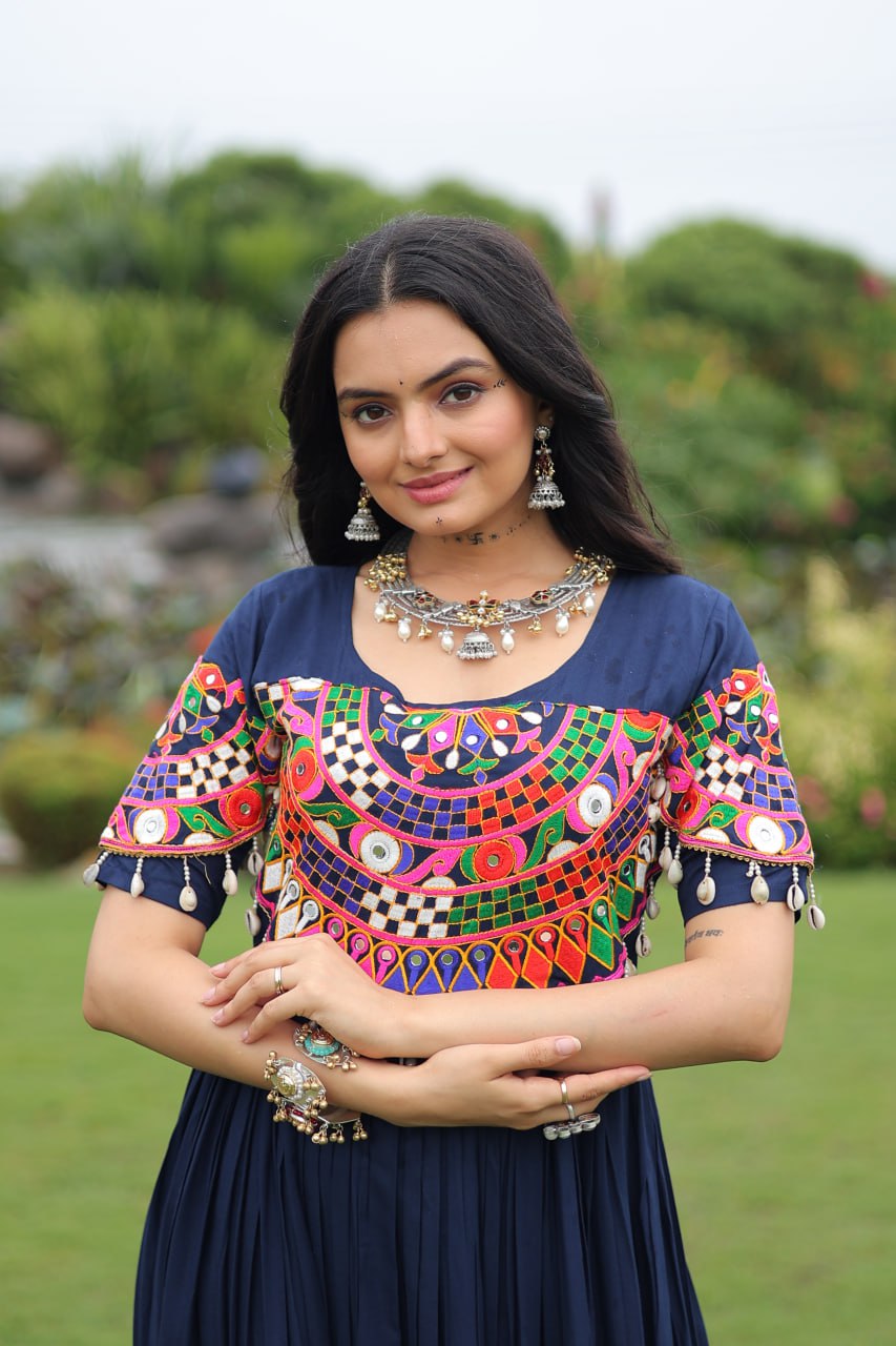 Navy Blue Navratri Special Kutchi Gamthi Work Rayon Gown with 3-Layer Frill & Cotton Lining ClothsVilla