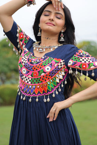 Navy Blue Navratri Special Kutchi Gamthi Work Rayon Gown with 3-Layer Frill & Cotton Lining ClothsVilla