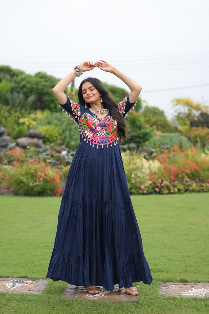 Navy Blue Navratri Special Kutchi Gamthi Work Rayon Gown with 3-Layer Frill & Cotton Lining ClothsVilla