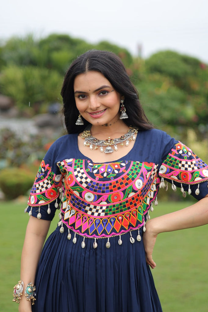 Navy Blue Navratri Special Kutchi Gamthi Work Rayon Gown with 3-Layer Frill & Cotton Lining ClothsVilla