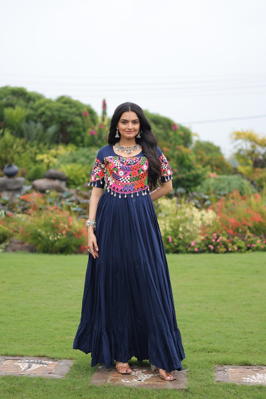 Navy Blue Navratri Special Kutchi Gamthi Work Rayon Gown with 3-Layer Frill & Cotton Lining ClothsVilla