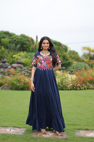 Navy Blue Navratri Special Kutchi Gamthi Work Rayon Gown with 3-Layer Frill & Cotton Lining ClothsVilla