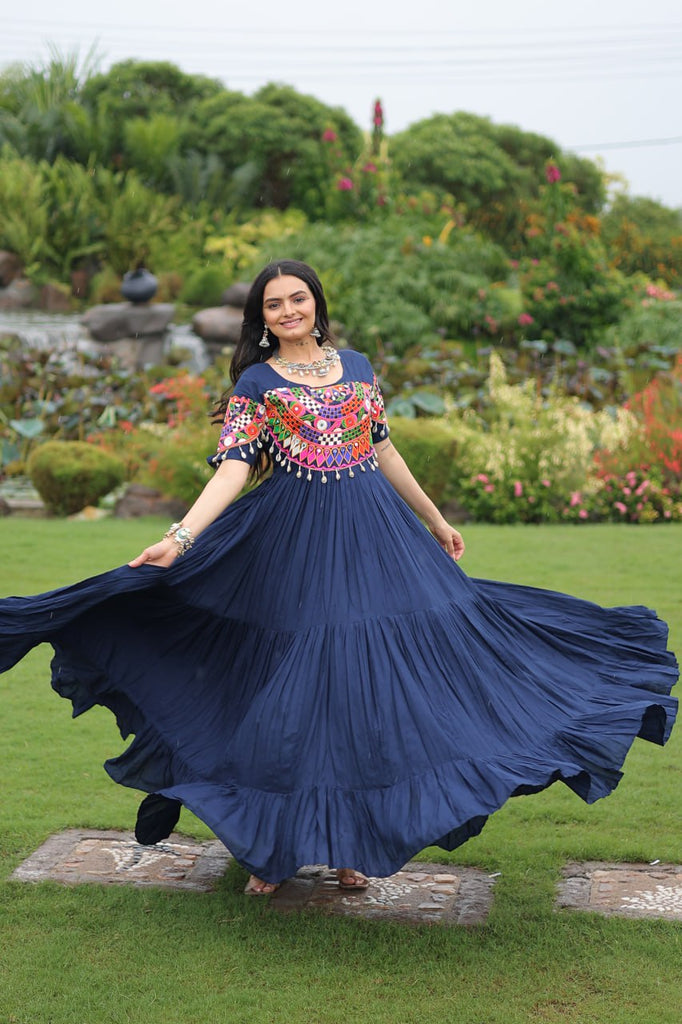 Navy Blue Navratri Special Kutchi Gamthi Work Rayon Gown with 3-Layer Frill & Cotton Lining ClothsVilla