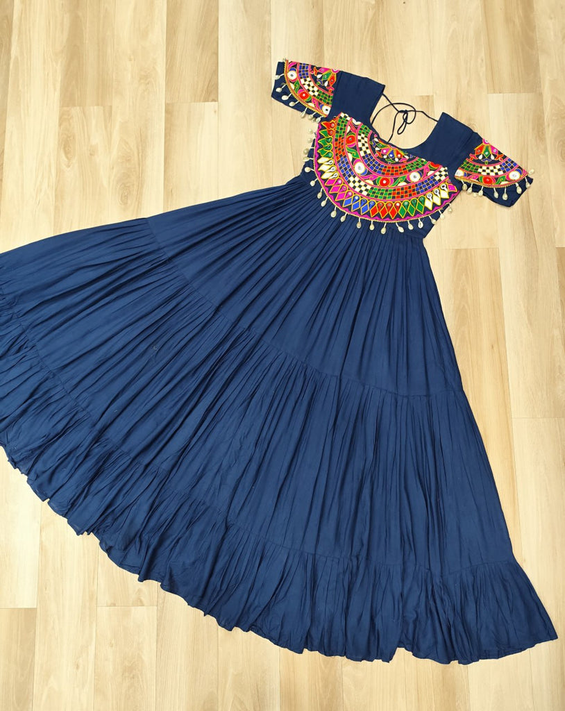 Navy Blue Navratri Special Kutchi Gamthi Work Rayon Gown with 3-Layer Frill & Cotton Lining ClothsVilla