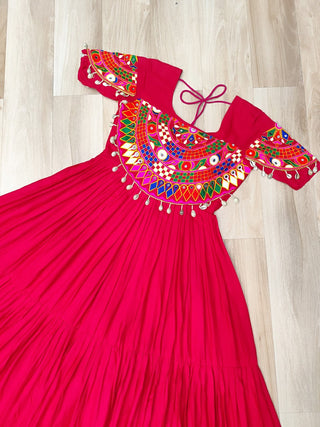 Rani Pink Navratri Special Kutchi Gamthi Work Rayon Gown with 3-Layer Frill & Cotton Lining ClothsVilla