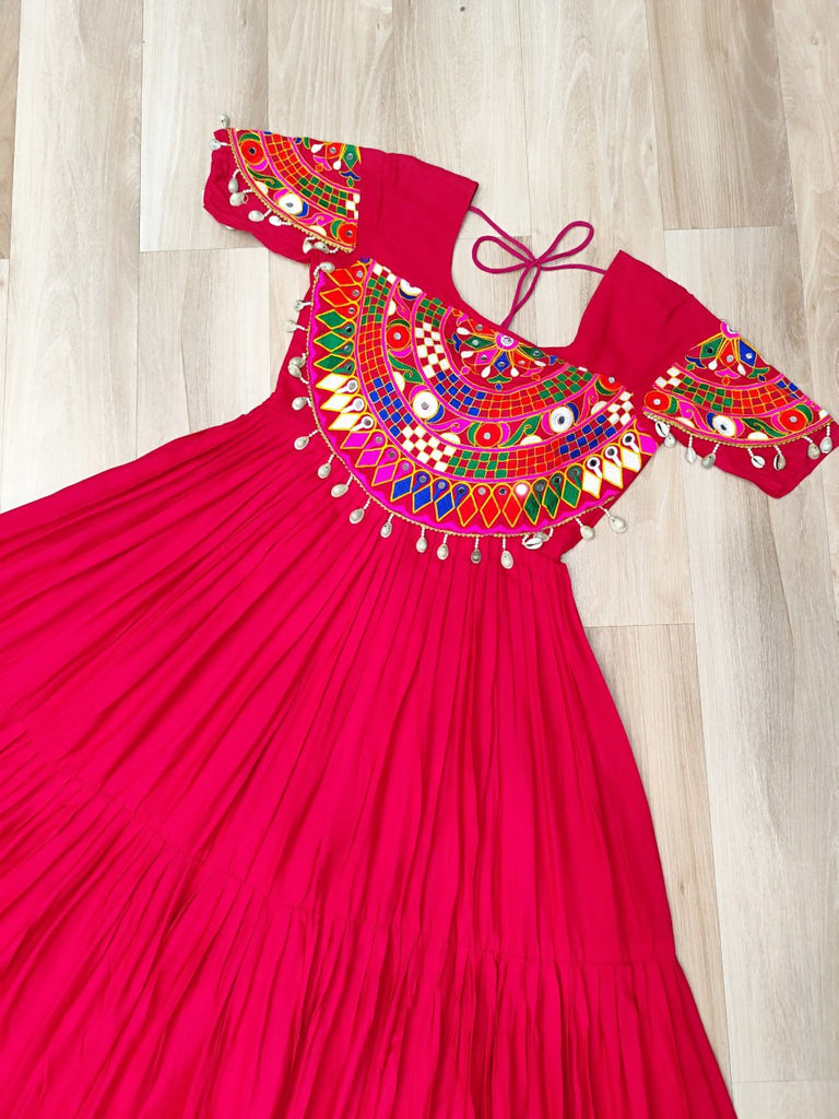 Rani Pink Navratri Special Kutchi Gamthi Work Rayon Gown with 3-Layer Frill & Cotton Lining ClothsVilla