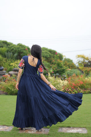 Navy Blue Navratri Special Kutchi Gamthi Work Rayon Gown with 3-Layer Frill & Cotton Lining ClothsVilla