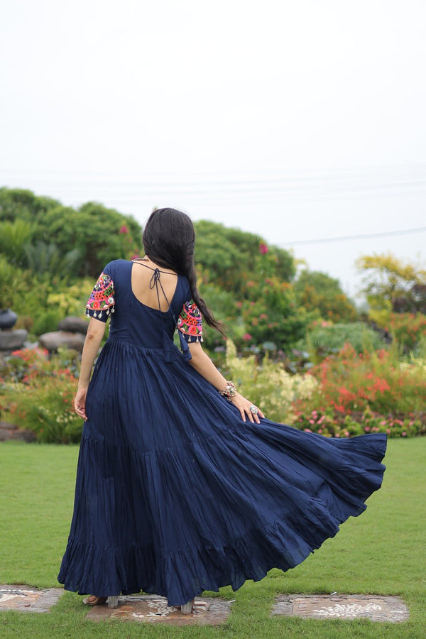 Navy Blue Navratri Special Kutchi Gamthi Work Rayon Gown with 3-Layer Frill & Cotton Lining ClothsVilla