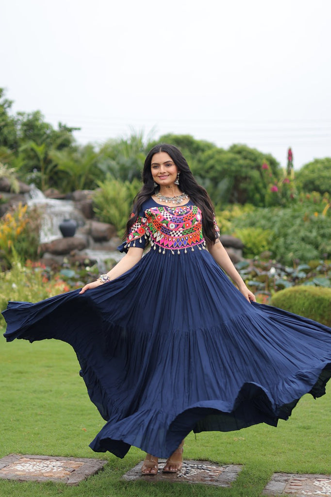 Navy Blue Navratri Special Kutchi Gamthi Work Rayon Gown with 3-Layer Frill & Cotton Lining ClothsVilla
