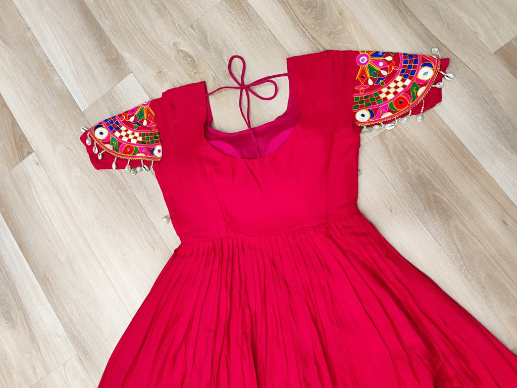 Rani Pink Navratri Special Kutchi Gamthi Work Rayon Gown with 3-Layer Frill & Cotton Lining ClothsVilla