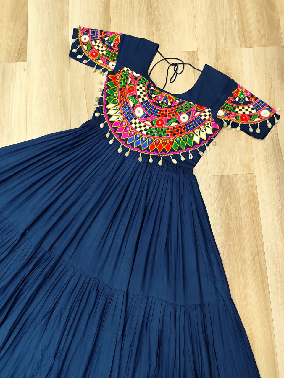 Navy Blue Navratri Special Kutchi Gamthi Work Rayon Gown with 3-Layer Frill & Cotton Lining ClothsVilla