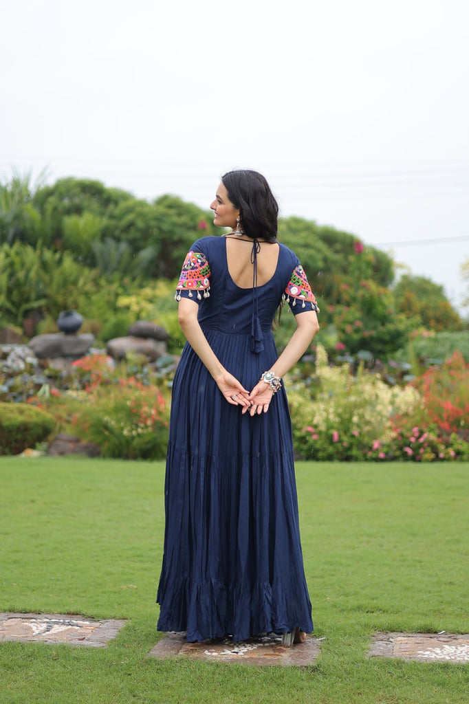 Navy Blue Navratri Special Kutchi Gamthi Work Rayon Gown with 3-Layer Frill & Cotton Lining ClothsVilla