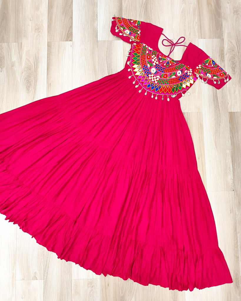 Rani Pink Navratri Special Kutchi Gamthi Work Rayon Gown with 3-Layer Frill & Cotton Lining ClothsVilla