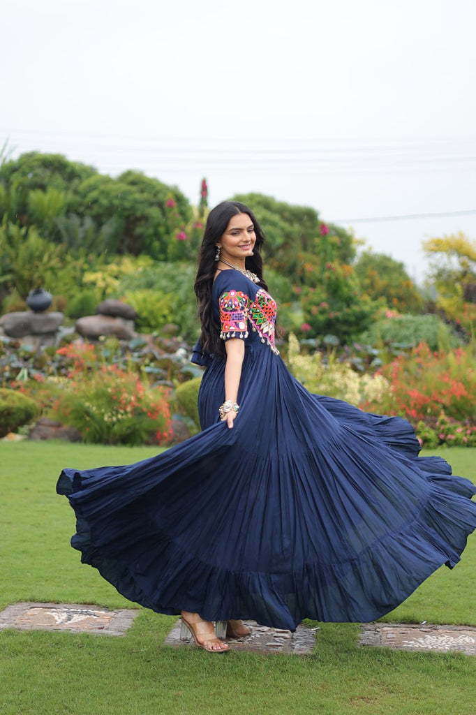 Navy Blue Navratri Special Kutchi Gamthi Work Rayon Gown with 3-Layer Frill & Cotton Lining ClothsVilla