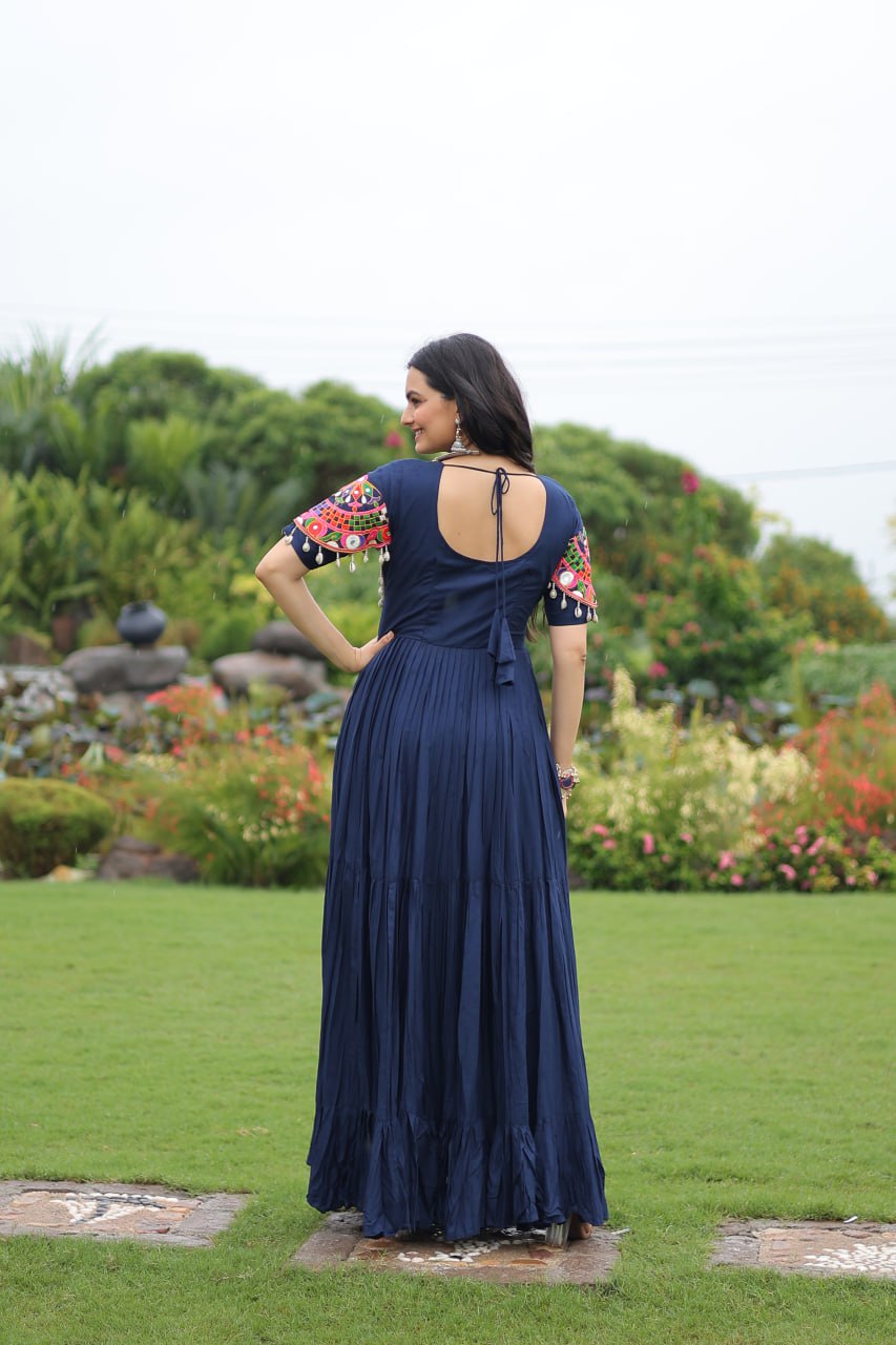 Navy Blue Navratri Special Kutchi Gamthi Work Rayon Gown with 3-Layer Frill & Cotton Lining ClothsVilla