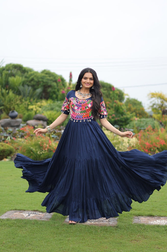 Navy Blue Navratri Special Kutchi Gamthi Work Rayon Gown with 3-Layer Frill & Cotton Lining ClothsVilla