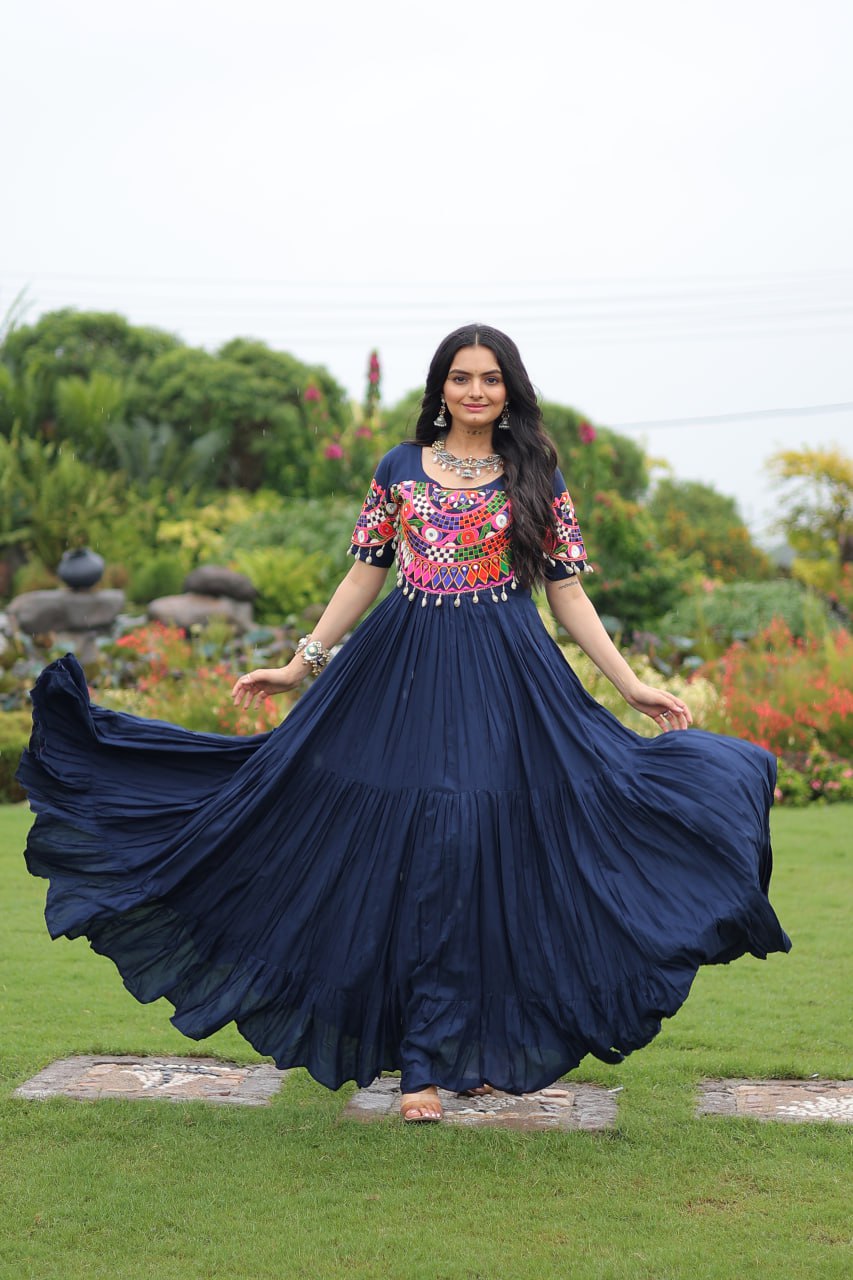 Navy Blue Navratri Special Kutchi Gamthi Work Rayon Gown with 3-Layer Frill & Cotton Lining ClothsVilla