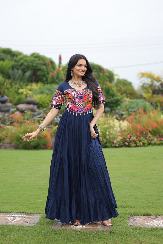 Navy Blue Navratri Special Kutchi Gamthi Work Rayon Gown with 3-Layer Frill & Cotton Lining ClothsVilla