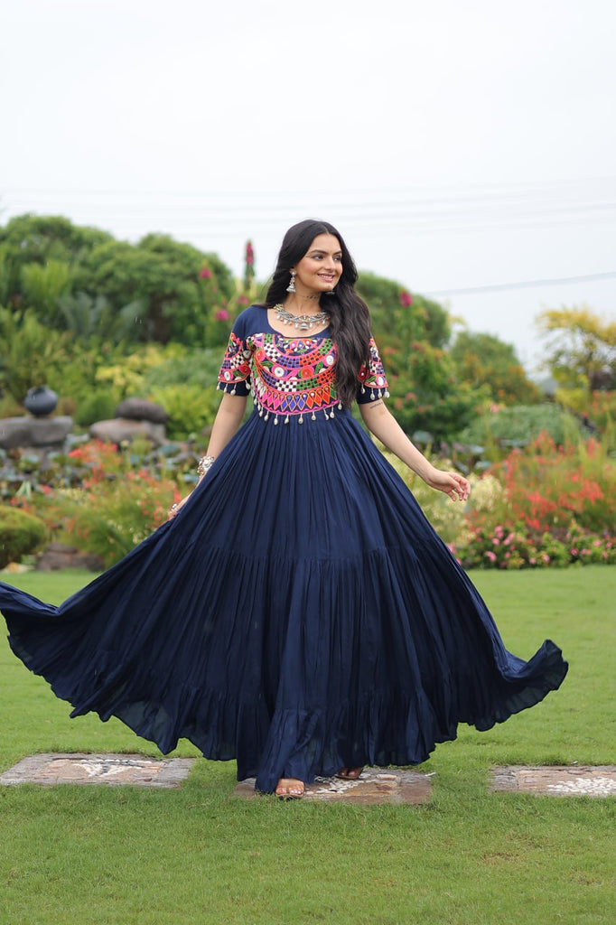 Navy Blue Navratri Special Kutchi Gamthi Work Rayon Gown with 3-Layer Frill & Cotton Lining ClothsVilla