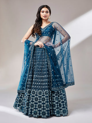 Navy Blue Net heavy Sequinse embroidery Semi-Stitched Lehenga choli & Dupatta Clothsvilla