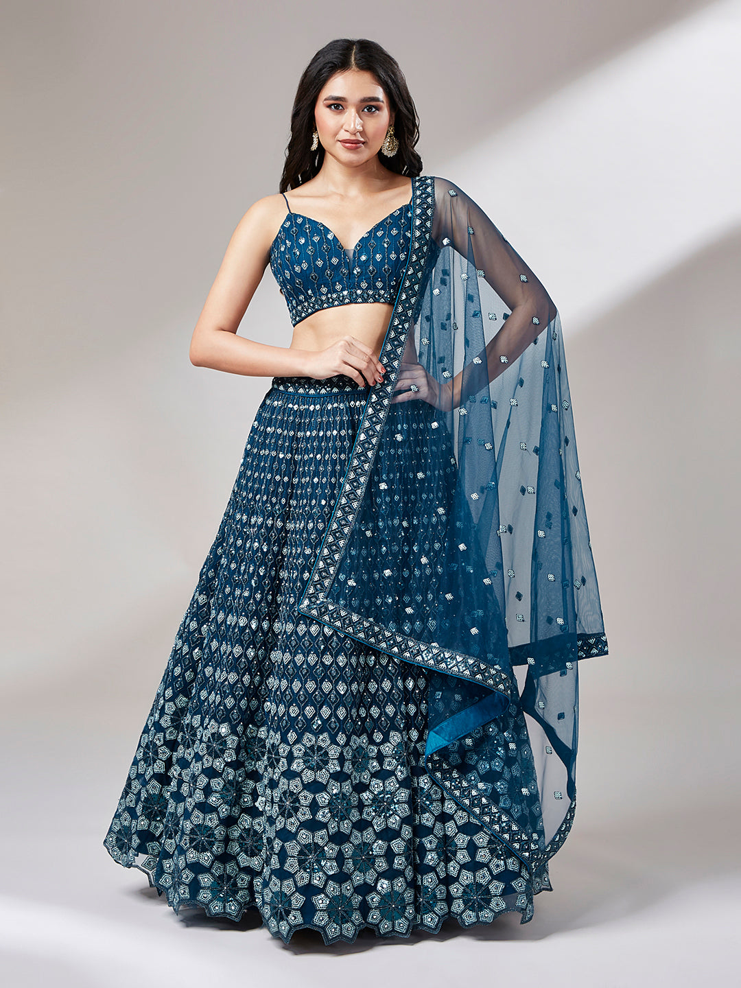 Navy Blue Net heavy Sequinse embroidery Semi-Stitched Lehenga choli & Dupatta Clothsvilla