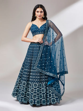Navy Blue Net heavy Sequinse embroidery Semi-Stitched Lehenga choli & Dupatta Clothsvilla