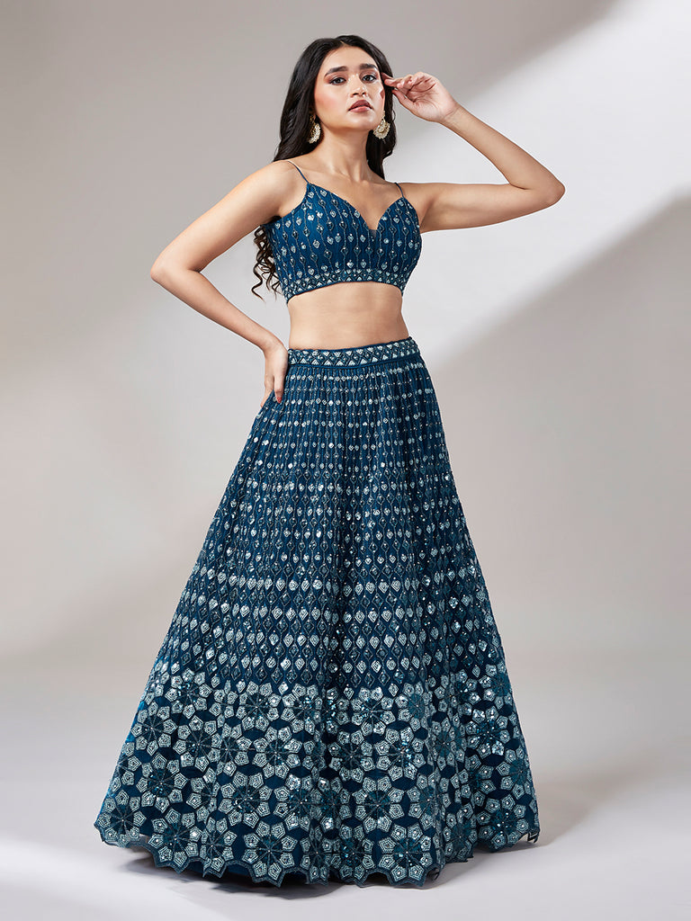 Navy Blue Net heavy Sequinse embroidery Semi-Stitched Lehenga choli & Dupatta Clothsvilla