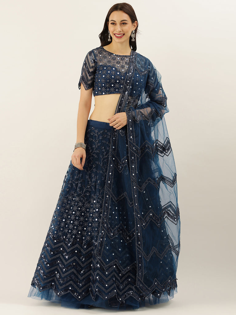 Navy Blue Net Semi Stitched Coding, Sequins and Mirror work Lehenga Choli ClothsVilla