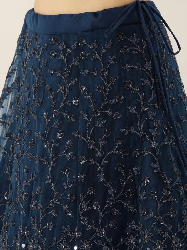 Navy Blue Net Semi Stitched Coding, Sequins and Mirror work Lehenga Choli ClothsVilla