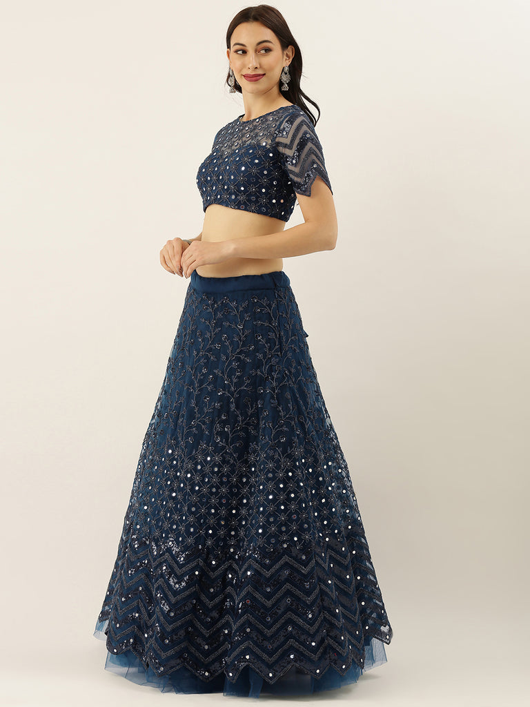 Navy Blue Net Semi Stitched Coding, Sequins and Mirror work Lehenga Choli ClothsVilla