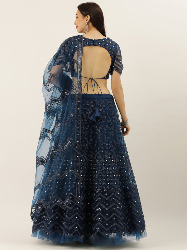Navy Blue Net Semi Stitched Coding, Sequins and Mirror work Lehenga Choli ClothsVilla