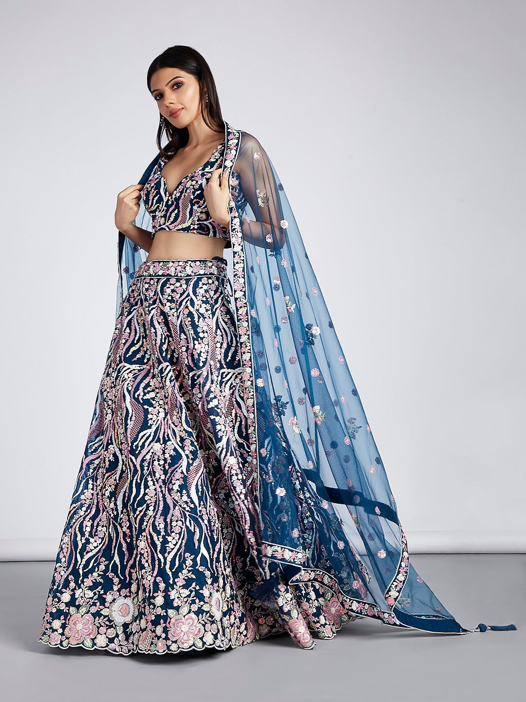 Navy blue Net Sequins and thread embroidery Semi-Stitched Lehenga choli & Dupatta ClothsVilla