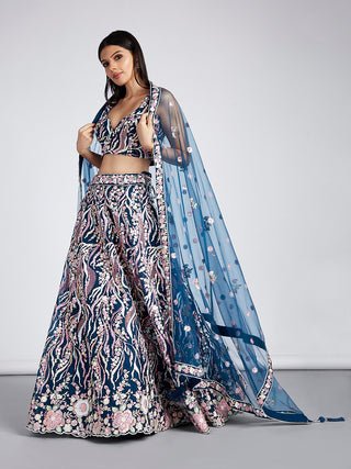 Navy blue Net Sequins and thread embroidery Semi-Stitched Lehenga choli & Dupatta ClothsVilla