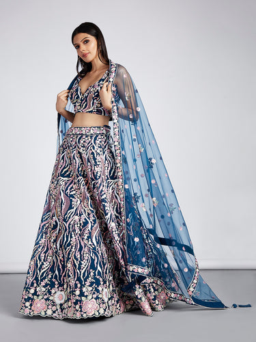 Lehenga Choli in Velvet and Net Sky-Blue Skirt and Black Top for Party