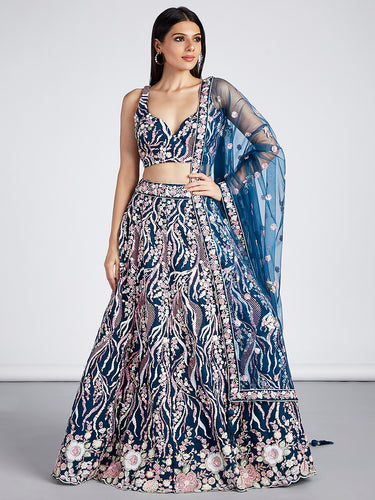 Navy blue Net Sequins and thread embroidery Semi-Stitched Lehenga choli & Dupatta ClothsVilla