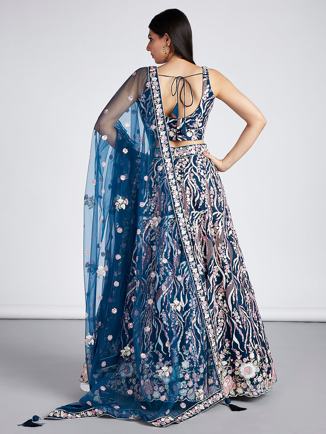 Navy blue Net Sequins and thread embroidery Semi-Stitched Lehenga choli & Dupatta ClothsVilla